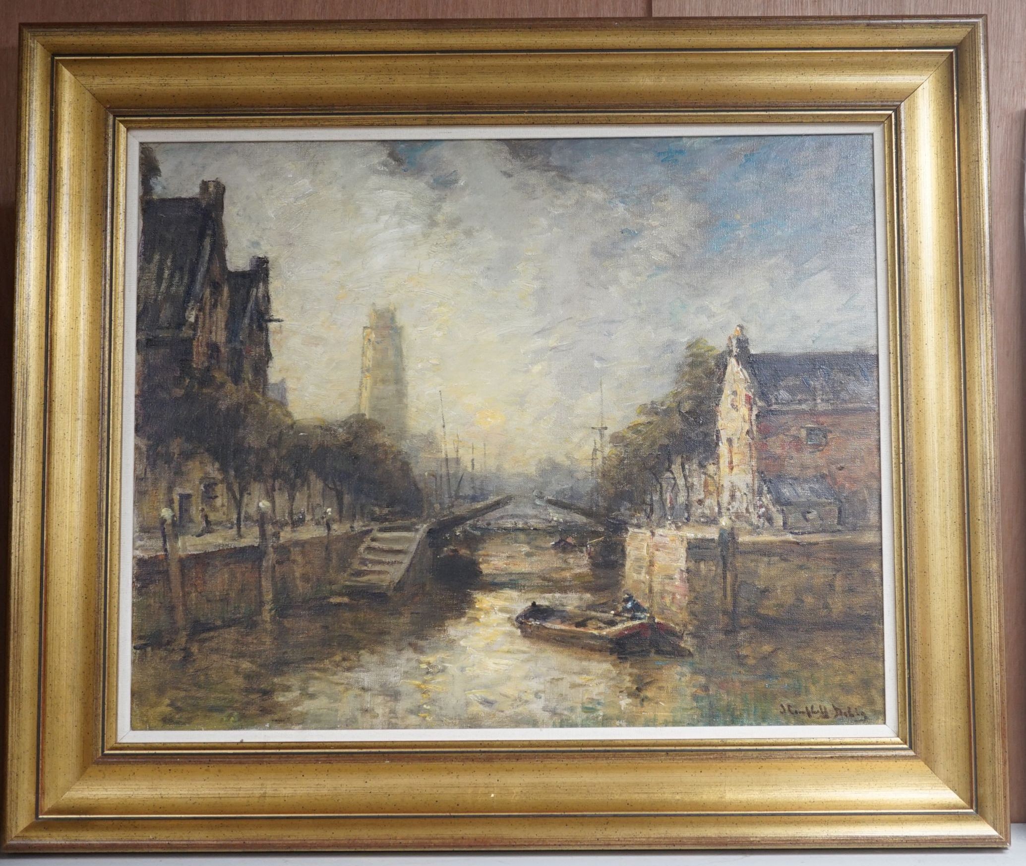 Attribuited to James Campbell Noble (1846-1913), oil on canvas, Dutch canal scene, signed, 40 x 50cm